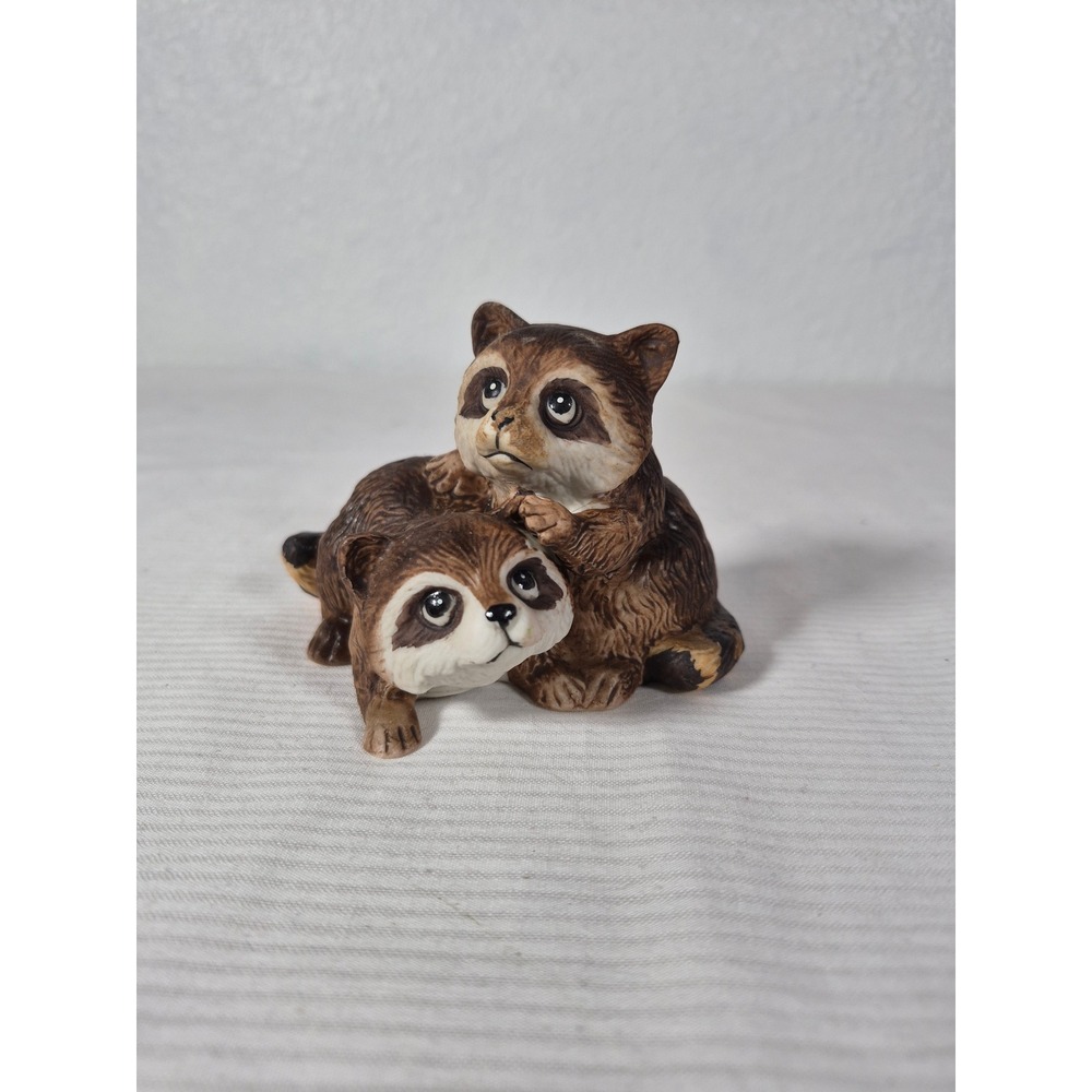 Vintage Homco Porcelain Raccoon Figurine Two Raccoons Playing #1454 Taiwan